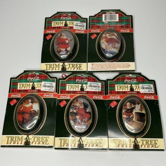 Coca Cola Trim A Tree 1991 Santa Tin Ornaments 5 pc Lot Circa 43 49 51 60 63 - Picture 1 of 5
